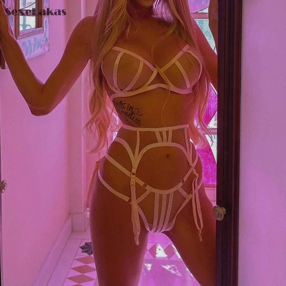 Billionm Three Pieces Underwear See Through Bra and Panties Women Mesh Sheer Intimate White Sissy Lingerie Perspective Lace Lenceria Sexy
