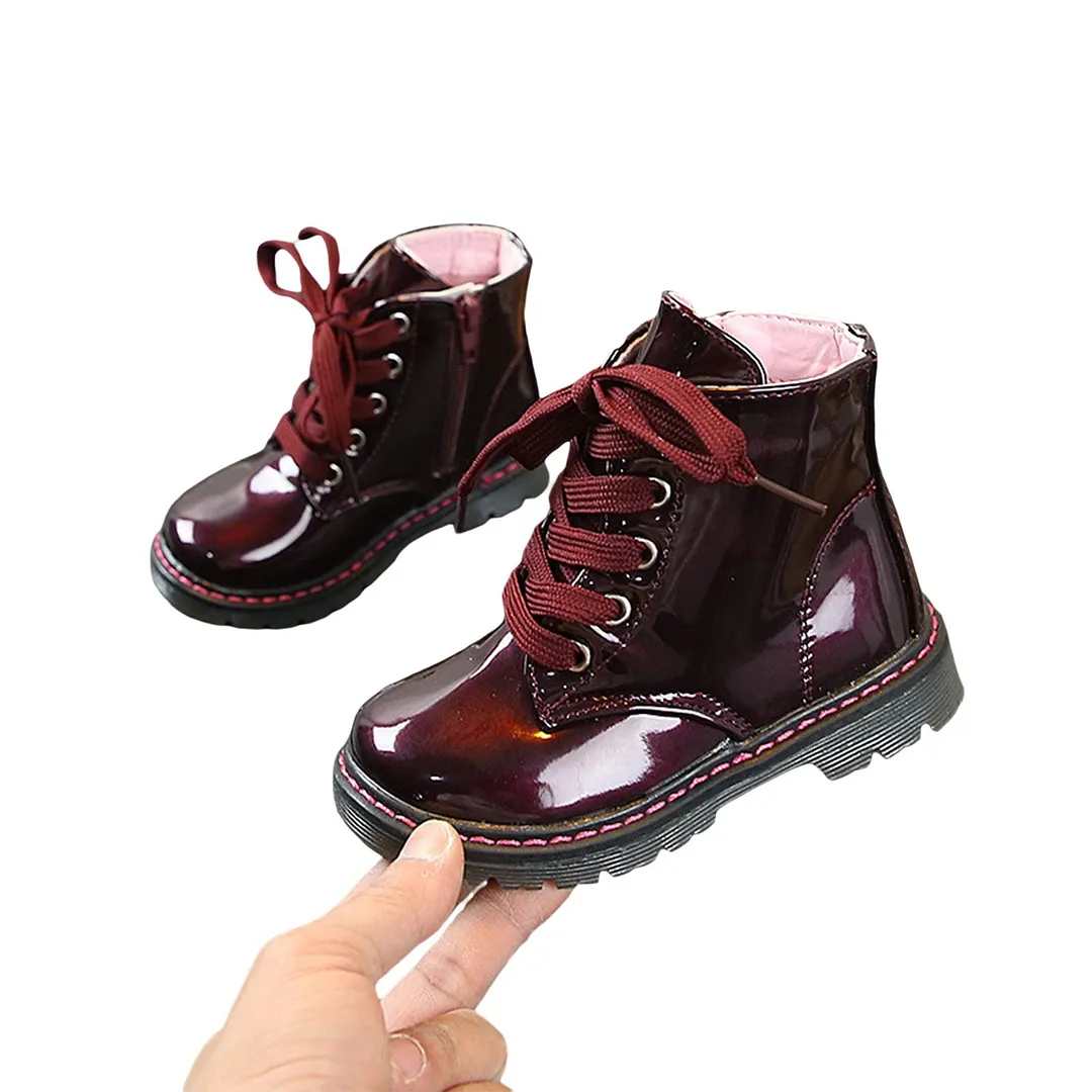 Toddler Girls Boys Martin Boots, Fashion Side Zipper Lace-Up PU Leather Non-Slip Ankle Boots