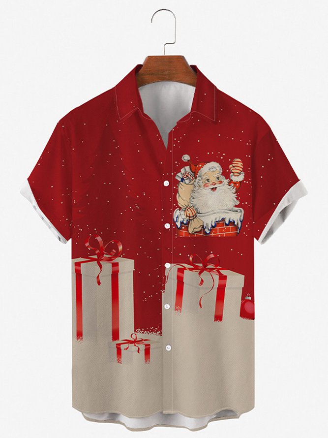 Men Christmas Father Print Front Pocket Short Sleeves Shirt PLUSCLOTHESMAN