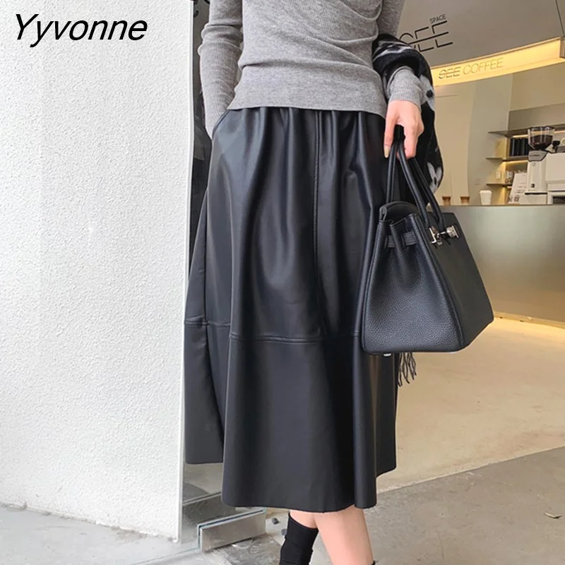 Yyvonne Elegant Women PU Skirts Elastic High Waist Pockets Faux Leather A-line Skirts Female Spring Autumn