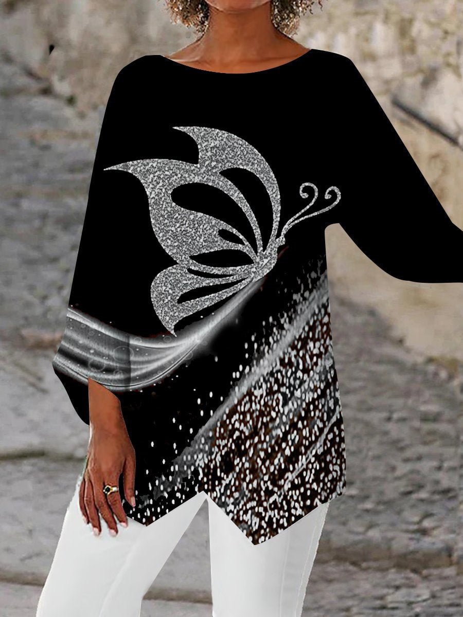 Women Asymmetrical 3/4 Sleeve Scoop Butterfly Print Tops
