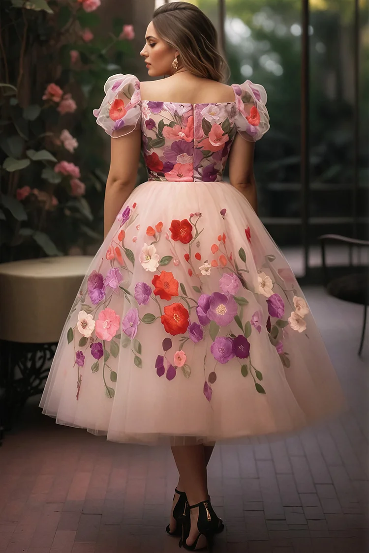 Xpluswear Design Plus Size Wedding Guest Pink Floral V Neck Puff Sleeve Short Sleeve Tulle Midi Dresses