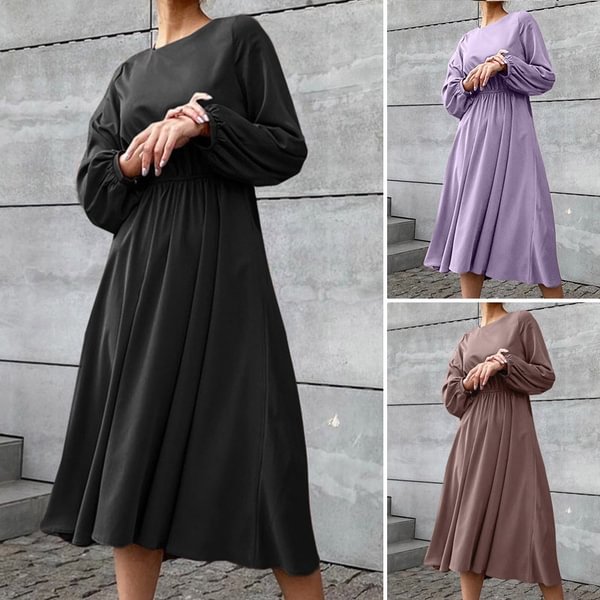 Women Round Neck Long Sleeved Elastic Waist Party Long Dress S-5XL - Shop Trendy Women's Fashion | TeeYours