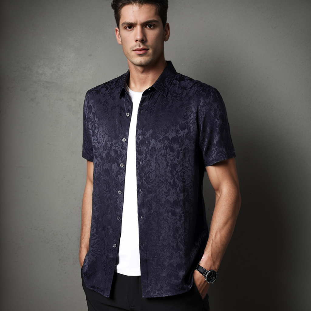 Chemises en soie à manches courtes pour hommes sans repassage sans plis imprimé floral- SOIE PLUS