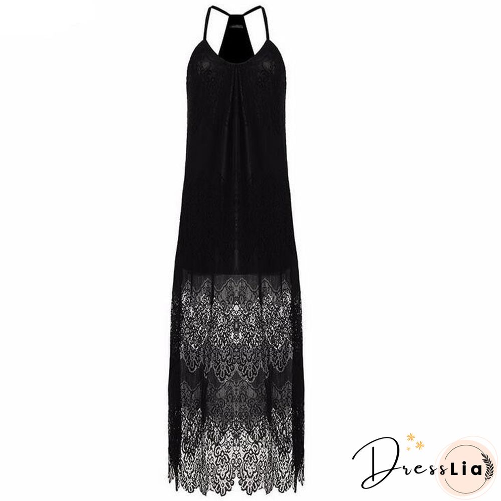 Vacation Spaghetti Strap Mesh Lace Side Split Maxi Beach Dresses Cover Ups