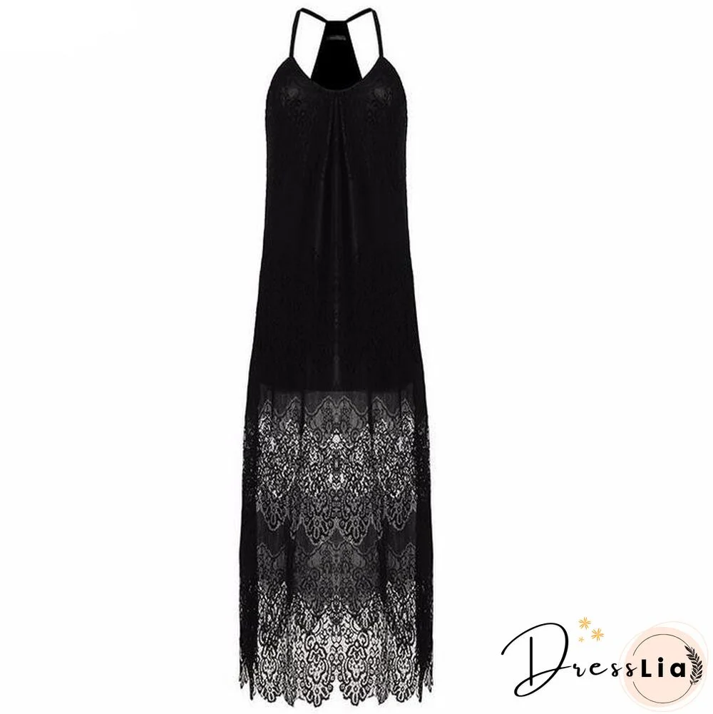 Vacation Spaghetti Strap Mesh Lace Side Split Maxi Beach Dresses Cover Ups