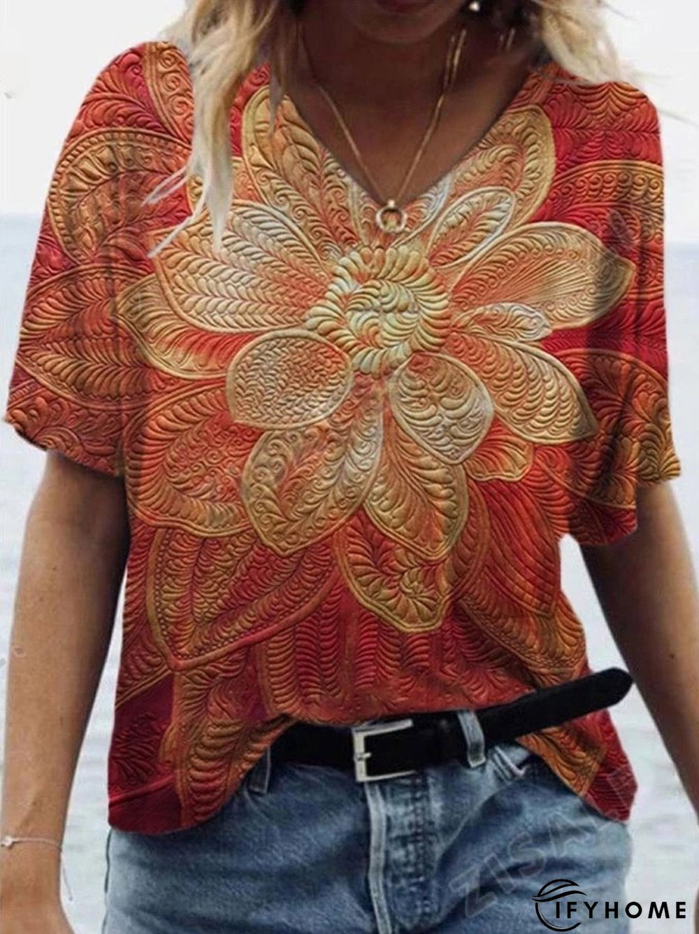 V Neck Cotton-Blend Floral Short Sleeve T-shirt | IFYHOME