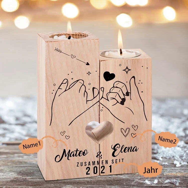 Kettenmachen Personalisierte 2 Namen & Jahr Kerzenhalter - Hölzerne Kerzenständer Hochzeitstag Valentinstag Geschenke