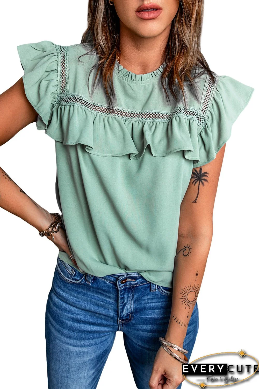 Green Flutter Ruffled Top