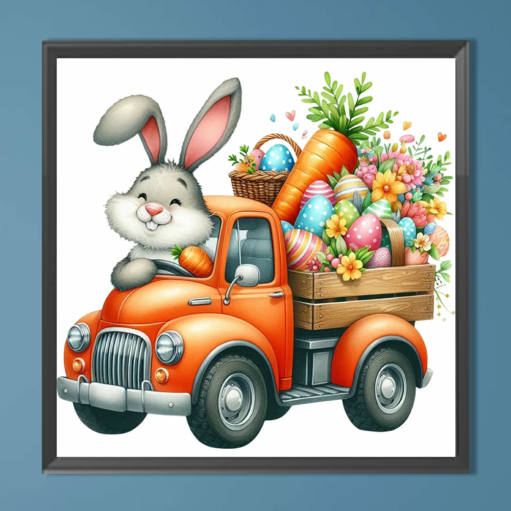 Diamond Painting - Full Round Drill - Easter Bunny Car(Canvas|40*40cm)
