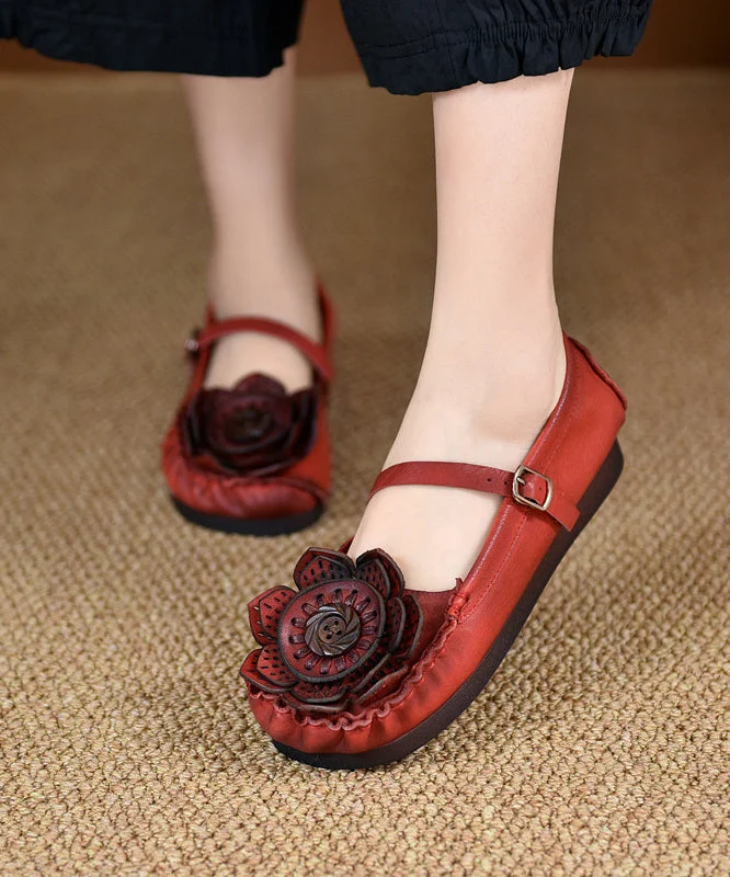 Cowhide Leather Flat Shoes For Women Red Splicing Floral Buckle Strap