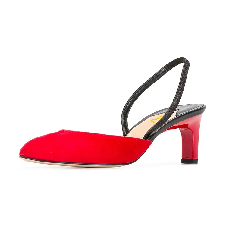 Women's Coral Red Almond Toe Chunky Heel Slingback Pumps |FSJ Shoes