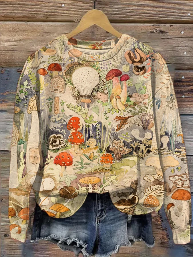 Women's Types Of Mushroom Floristic Pattern Print Sweatshirt