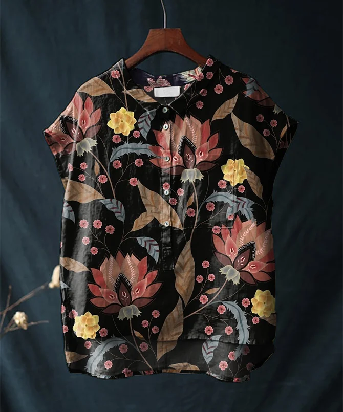 Vintage Floral Print Short-sleeved Cotton and Linen Shirt