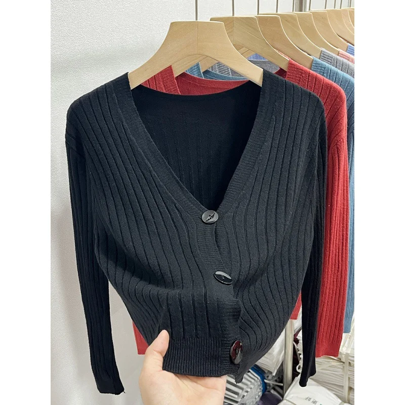 Brownm Brownm Knitted V-Necked Cardigan Trend New Thin Shirt Sweater Coat Short Top Female