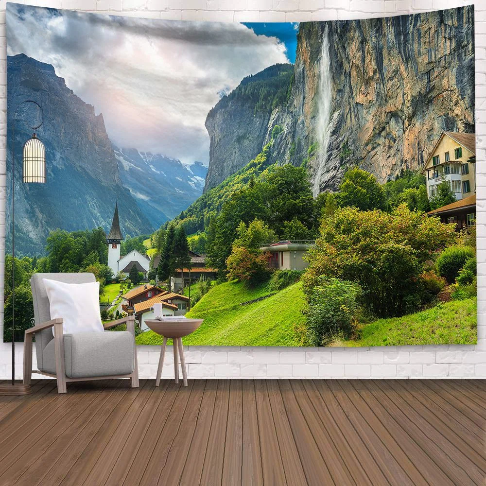 Natural 3D Waterfall Tapestry Beach Towel Landscape Primeval Forest Stream Printing Wall Carpet Yoga Mat Home Art Tapestry Decor