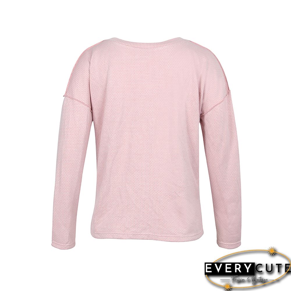 Pink Button V Neck Drop Shoulder Sweater