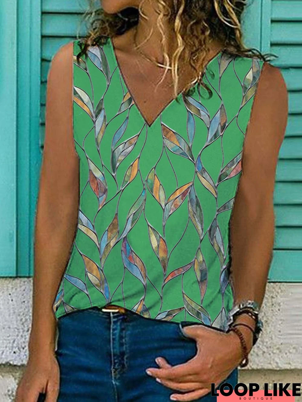 Leaves Sleeveless  Printed  Cotton-blend  V neck Holiday Summer Green Top