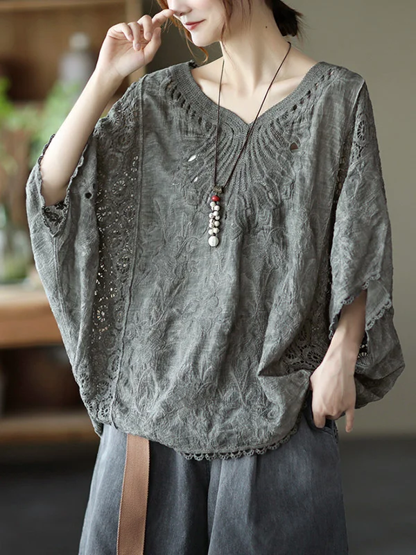 Original Hollow Embroidered Batwing Sleeve T-Shirts Tops