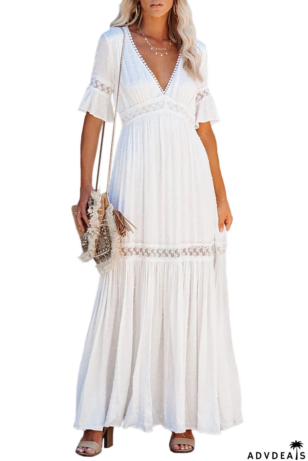 Swiss Dot Lace Trim Maxi Dress