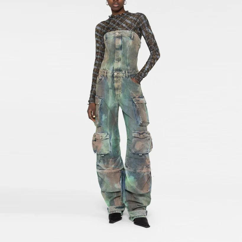 Toloer Toloer Street Hipster Advanced Sense Cargo Pants 2024 New Autumn And Winter With Breast And Waist Design Tie-Dye Jumpsuit Women-Outfit Ideas