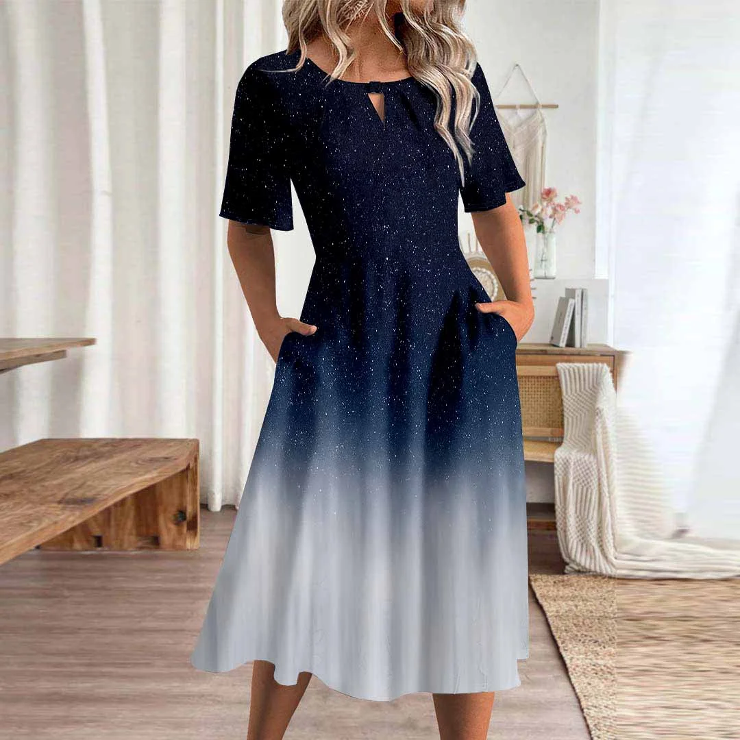 Women Polka Dot,Gradient,Blue DZHA8251 Short Sleeve Scoop Neck Graphic Printed Hollow Midi Dress