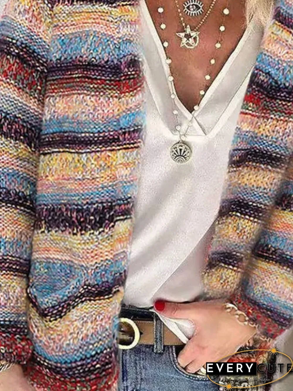 Casual Long Sleeve Striped Sweater coat