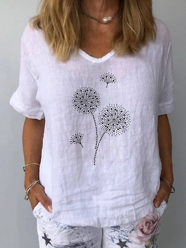 Women's T-Shirt Floral Flower V Neck Tops White Navy Blue Gray Linen