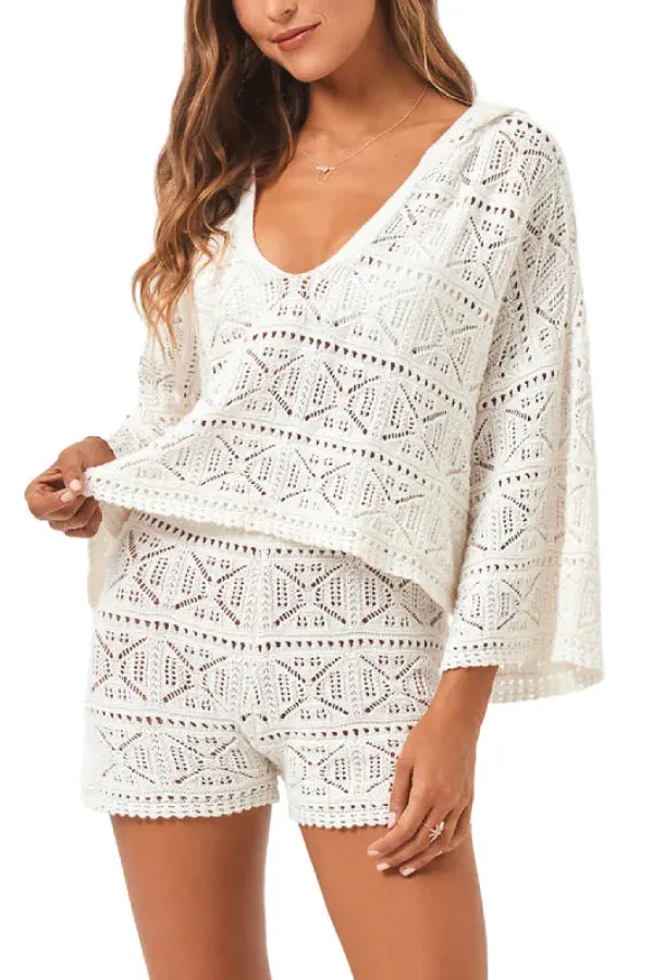 Solid Color Hooded Long-sleeved Loose Top and Stretch Openwork Shorts Knitted Cover-up Set