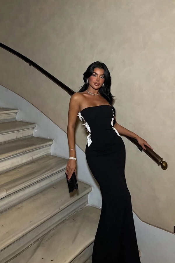 Strapless Black Slim Fit White Bow Prom Dress