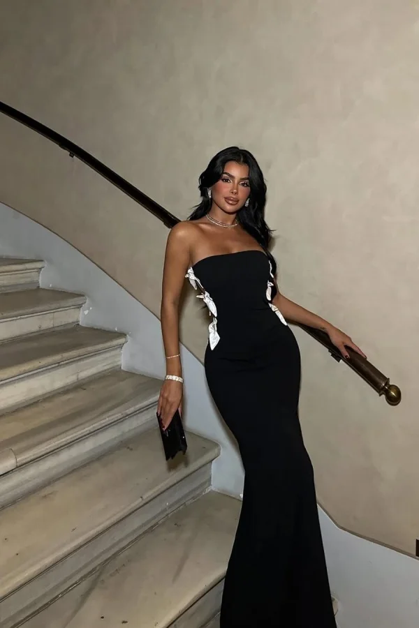 Black Slim Fit White Bow Strapless Prom Dress ZT0732