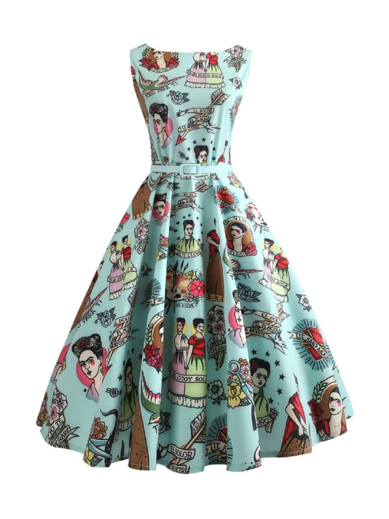 50s Retro Swing Dress Opera Floral Print A-Line Party Dress With Belt