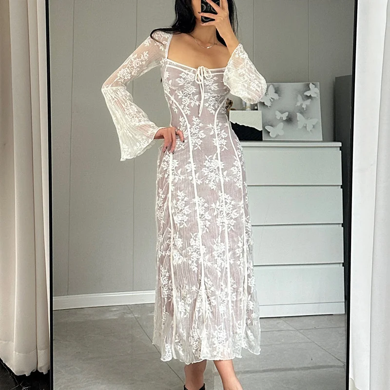 Uveng Uveng Women's Fall 2023 New Sexy Temperament Fish Tail Court Tie Square Collar Lace Lace Dress