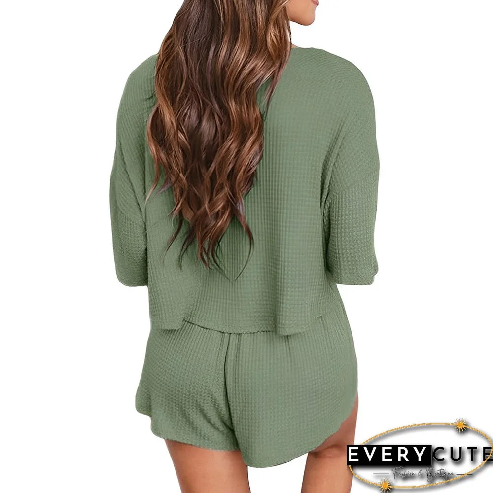 Pea Green Waffle V Neck Pocket Top and Shorts Set