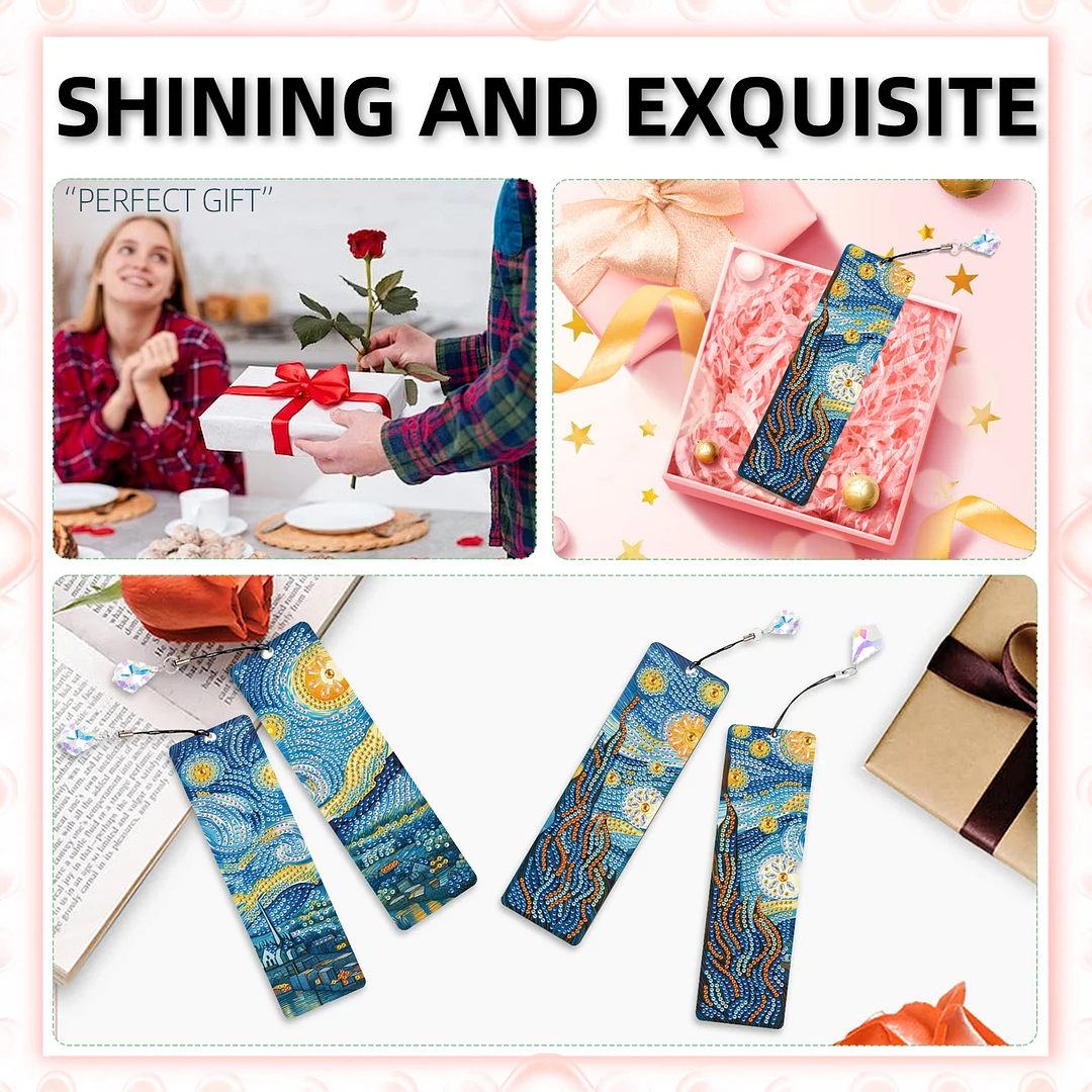 4Pcs Starry Night View DIY Diamond Bookmark Art Projects Irregular Shaped Diamonds Diamond Painting Art Bookmarks with Crystal Pendants for DIY Making Beginners Adult Art Craft Supplies