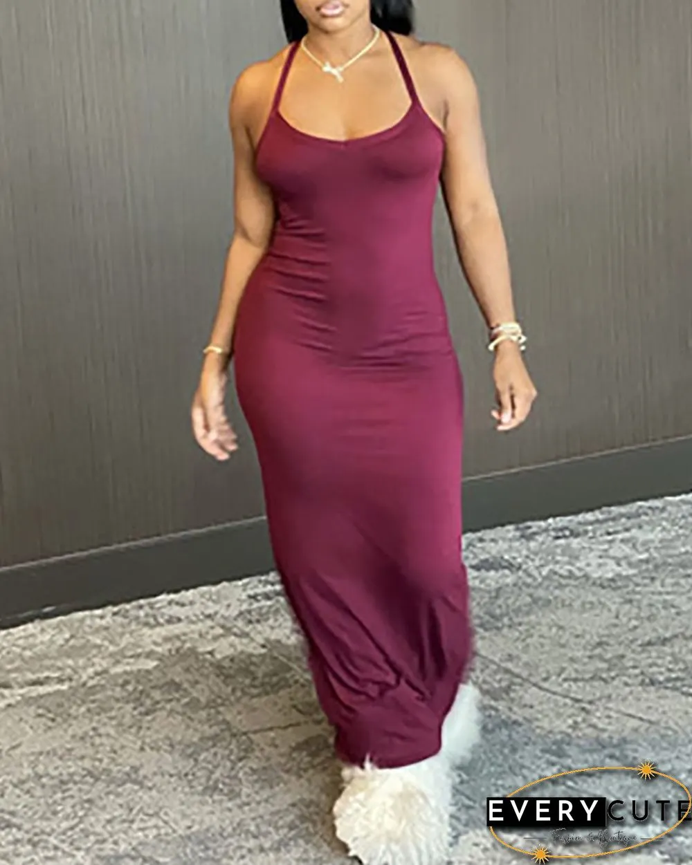 Crisscross Backless Halter Sleeveless Maxi Dress