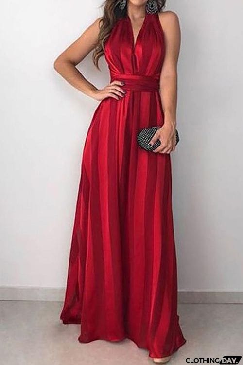 Stripe V Neck Belted Sleeveless Maxi Dress