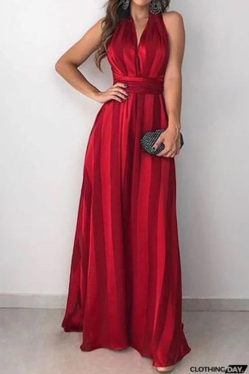 Stripe V Neck Belted Sleeveless Maxi Dress