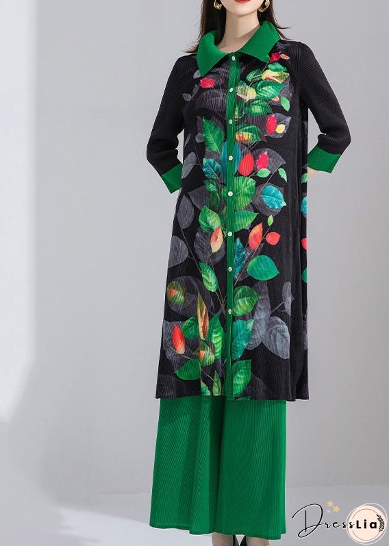 Plus Size Black Peter Pan Collar Print Patchwork Button Shirts And Wide Leg Pants Two Piece Set Spring