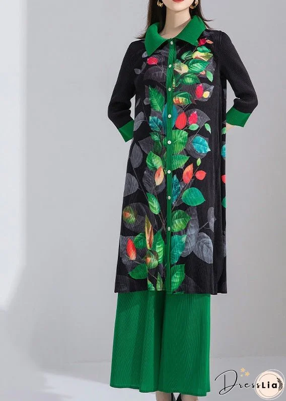 Plus Size Black Peter Pan Collar Print Patchwork Button Shirts And Wide Leg Pants Two Piece Set Spring