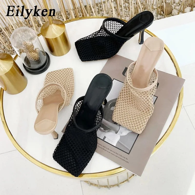 Eilyken 2022 New Hollow Breathable Mesh Woman Thin High Heels Slippers Summer Vintage Square Toe Mules Femme Shoes Pumps Sandals