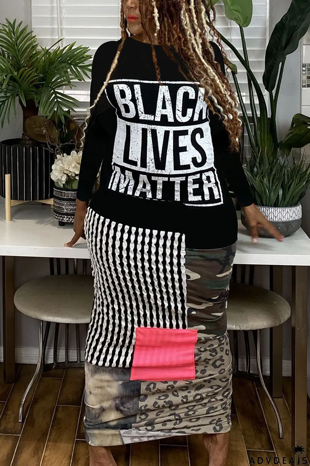 Black and white Elegant Polyester Print O Neck Long Sleeve Ankle Length Long Sleeve Dress Dresses