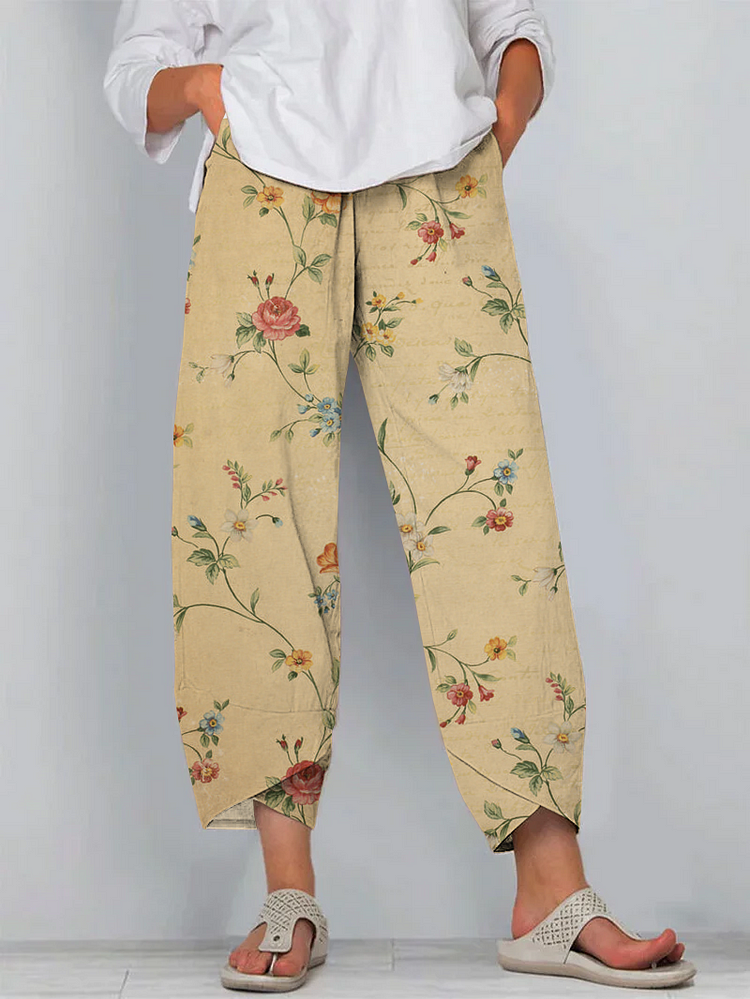 Vintage Floral Cotton and Linen Cropped Casual Pants