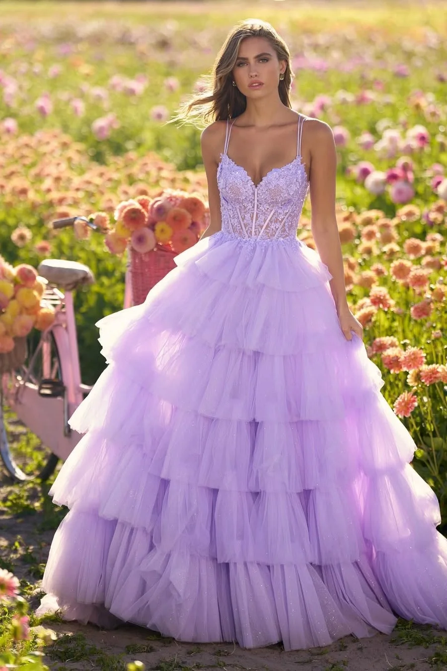Daisda Purple Sleeveless Spaghetti Straps V-Neck A-Line Embroidery Prom Dress