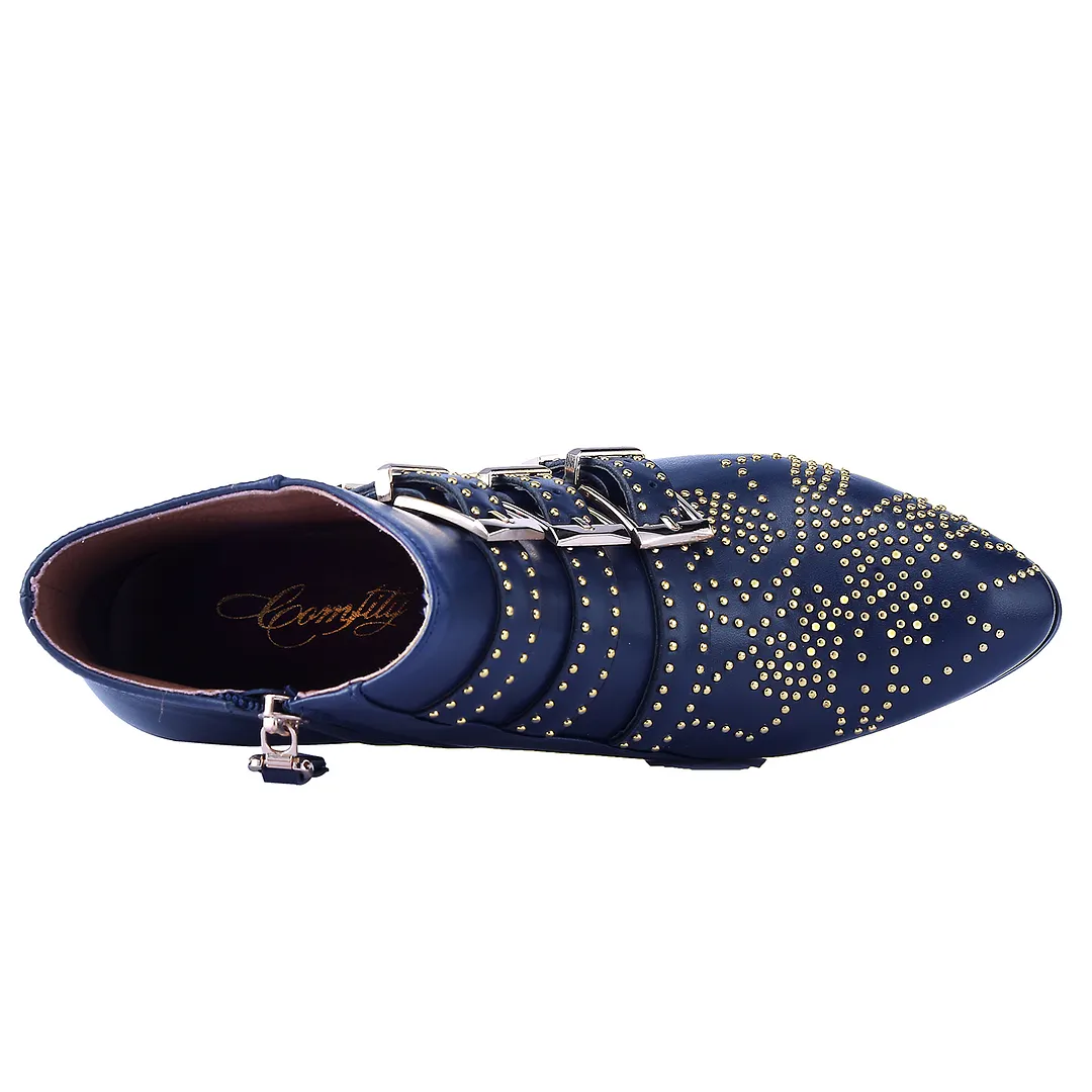 Women's Rivets Metal Buckle Low Heels Ankle Boots Navy Blue Gold-vocosishoes