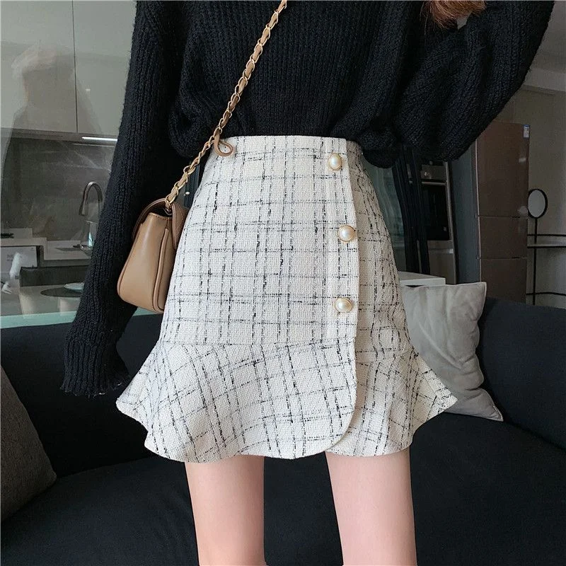 Mermaid Hem Tweed Button-Up Mini Skirt YP3318