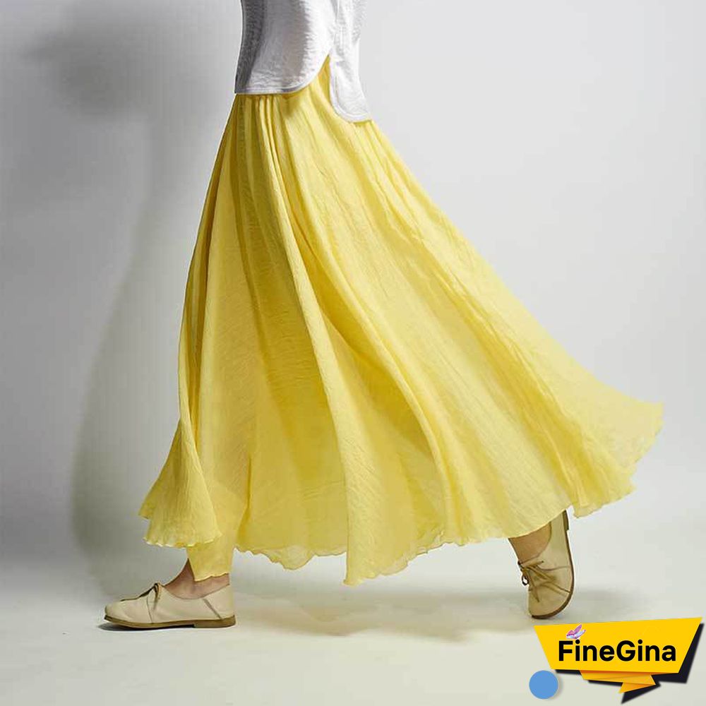 Women Linen Cotton Long Skirts Elastic Waist Pleated Maxi Skirts Beach Boho Vintage Summer Skirts Faldas Saia