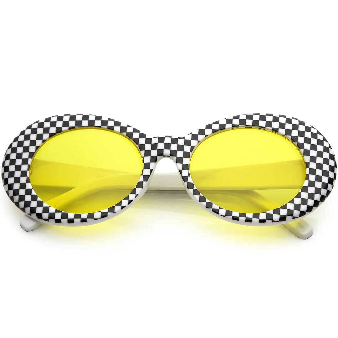 Large Retro Checkered Oval glasses Thick Frame Colored Lens Wide Arms 53mm