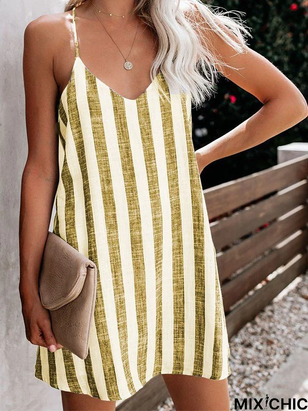 Casual Sleeveless V Neck Striped Dress