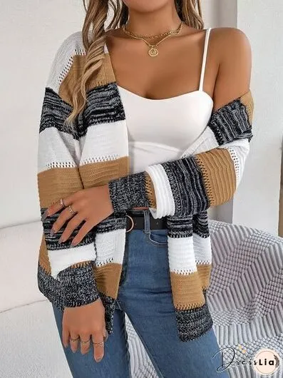 Openwork Striped Open Front Cardigan